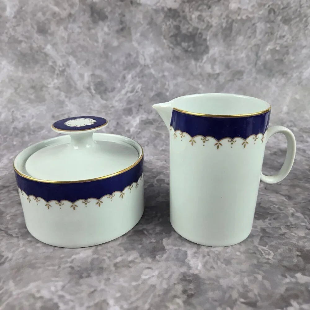 VTG Medaillon RENNER Espresso Set Porcelain Blue White Gold Porto Alegre 16 Pc